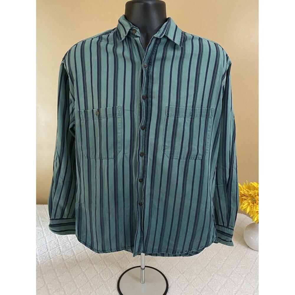 Vintage American Eagle Men’s Green Striped Button Up With Pockets Size M